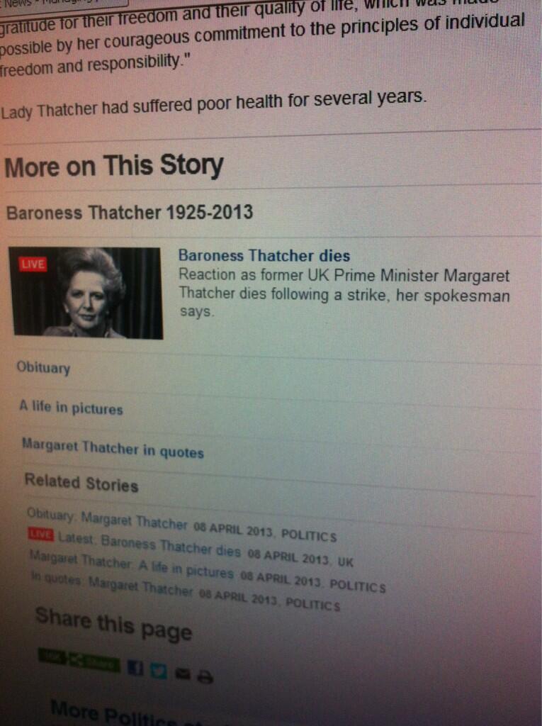 Margaret Thatcher dies of Strike according to BBC News
